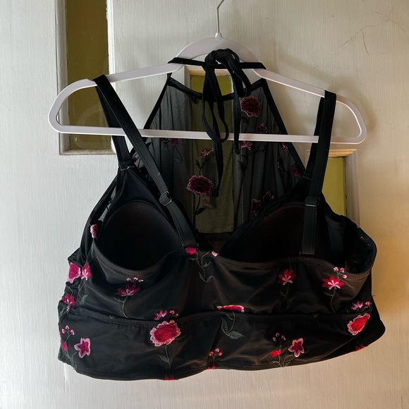 Torrid Black Mesh Floral Bikini Halter Top with Floral Embroidery - Picture 3 of 4